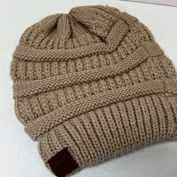 Chunky Knit Beanie Tan Beige Warm Fall Winter Bohemian Boho Grunge Alt - Picture 6 of 6